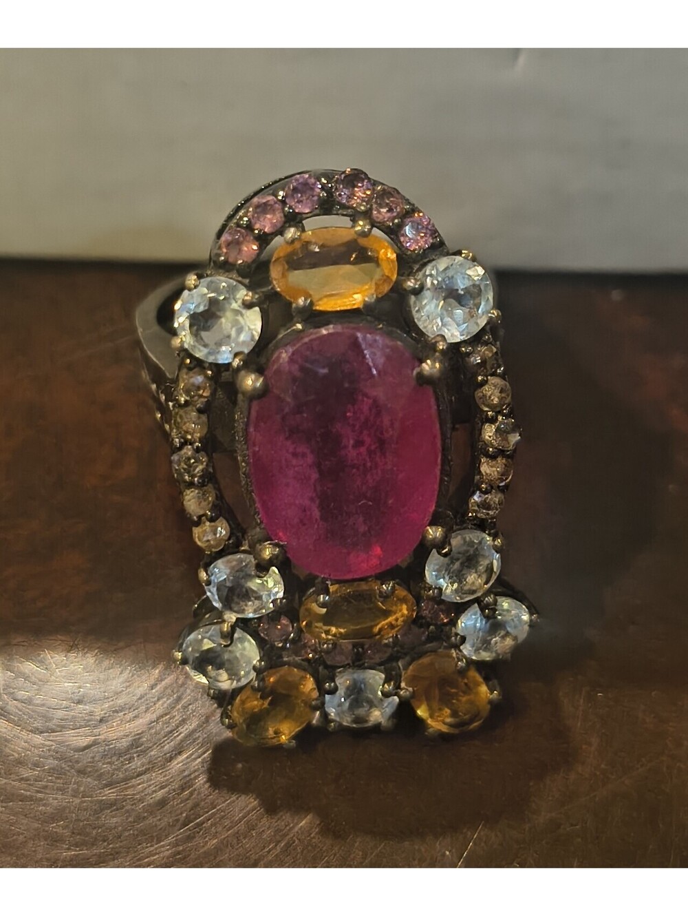 Sterling Silver 925 Natural Ruby Multi Gemstone Heavy Large Cluster Ring Sz 8
